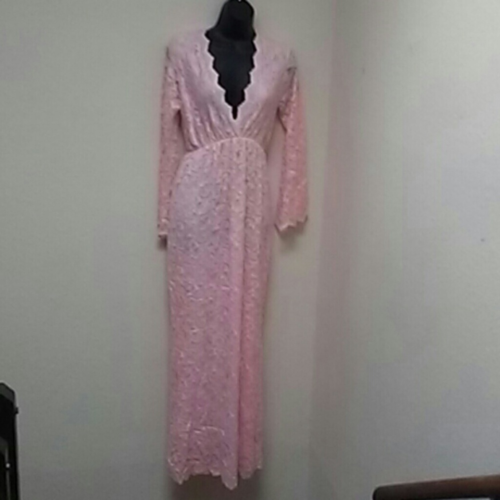 Nicole Michelle long pink v neck lace gown